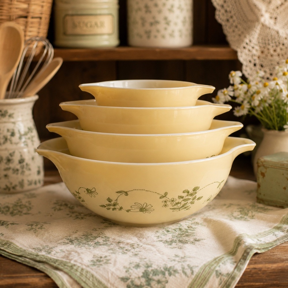 Pyrex Shenandoah Cinderella 4 PC Mixing Bowl Set Wintergreen Yellow Vintage